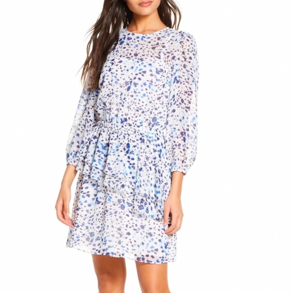 Eliza J. Ruffle Chiffon White And Blue Dress